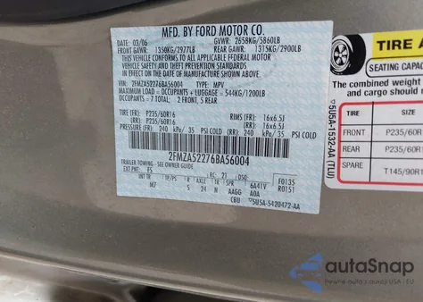 2006 Ford Freestar Sel z USA, uszkodzony, nr VIN 2FMZA52276BA56004